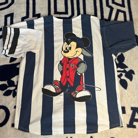 Vintage Mickey Mouse Baseball Style Shirt Disney Large Button Down Blue & White - Picture 4 of 9